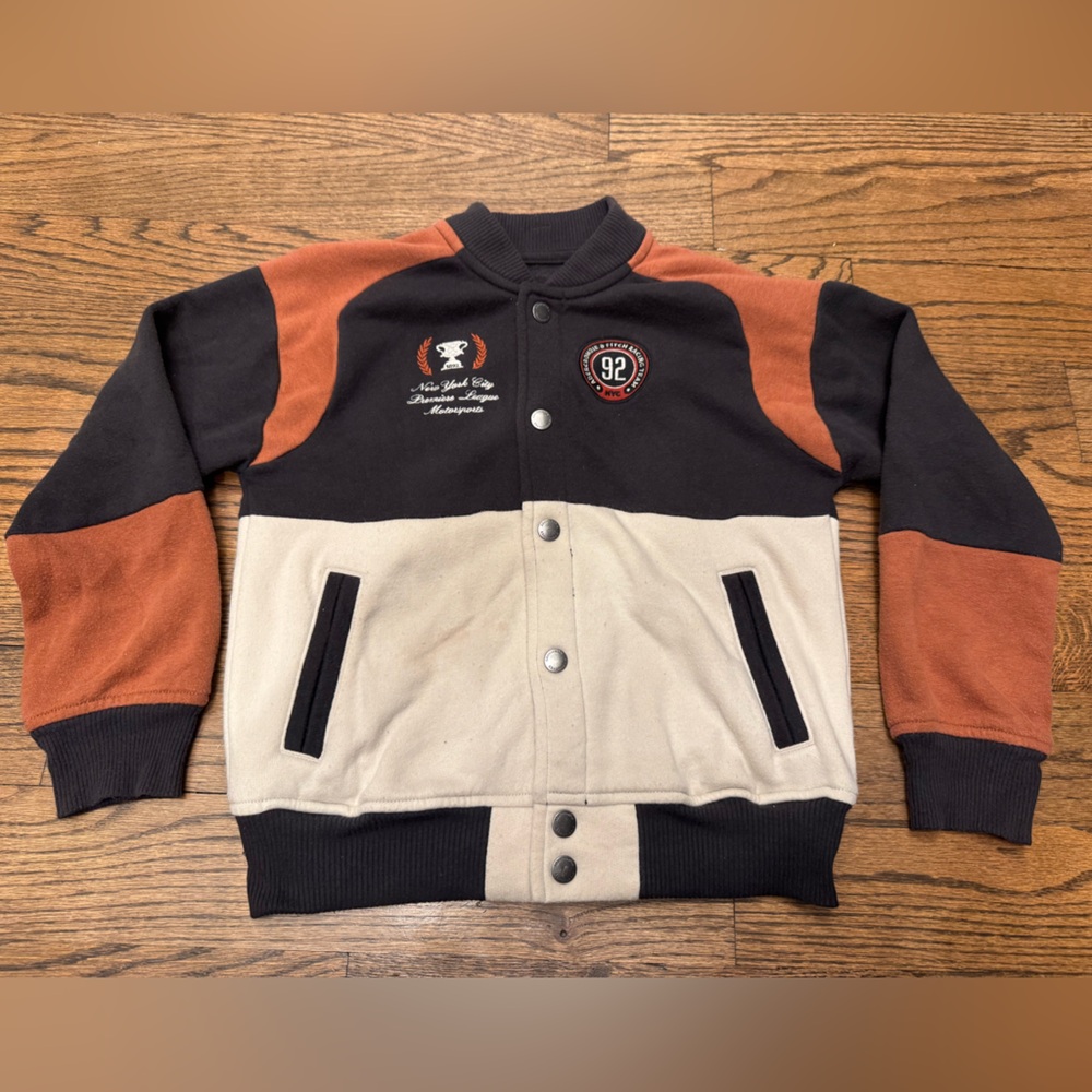 Abercrombie Kids Racing Team Varsity Jacket – Size 7/8, Colorblock, Snap Front
